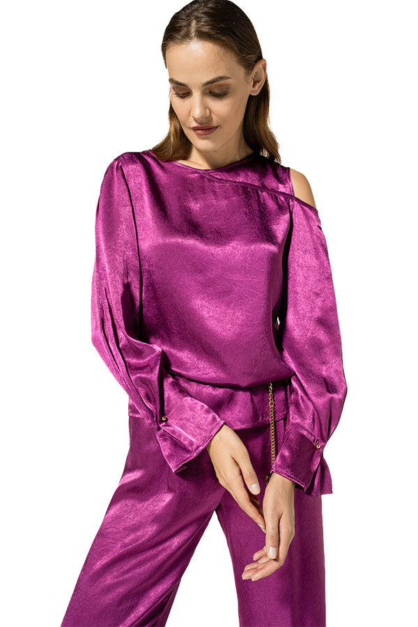 MAGENTA PLEATED CUFFS SHINY TOP