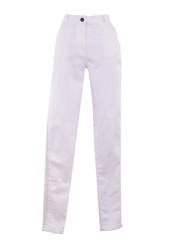 BRAIDED LEATHER SIDES WHITE JEANS