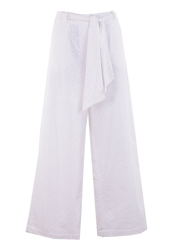 WHITE EMBROIDERED WIDE LEG TROUSERS