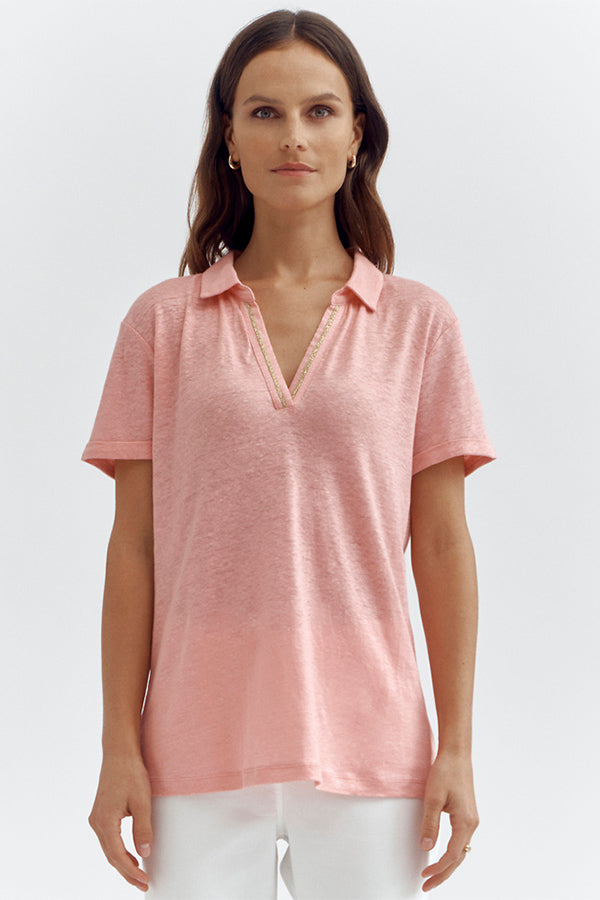 TOLEDO87 PINK IRIDESCENT LINEN POLO T-SHIRT