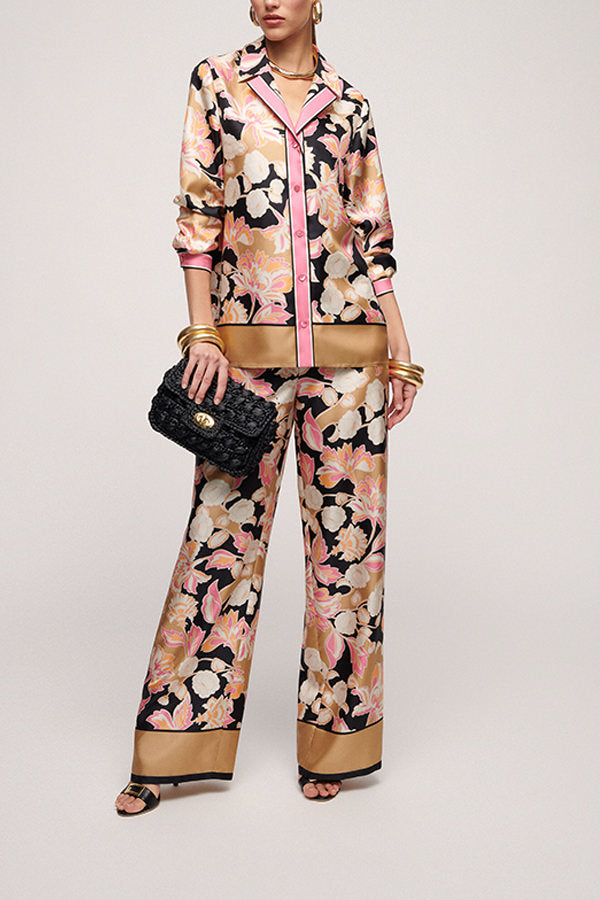 ABAD PINK BLACK FLORAL PRINT SILK TROUSERS