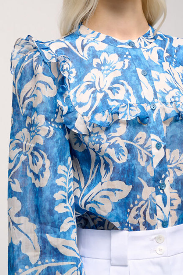 BACCA BLUE FLORAL PRINT RUFFLED BLOUSE