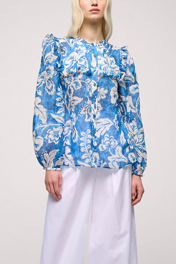 BACCA BLUE FLORAL PRINT RUFFLED BLOUSE