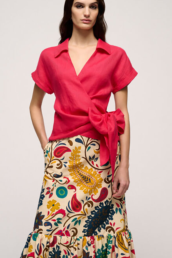 BALOCCO RED WRAP AROUND RAMIE SHIRT