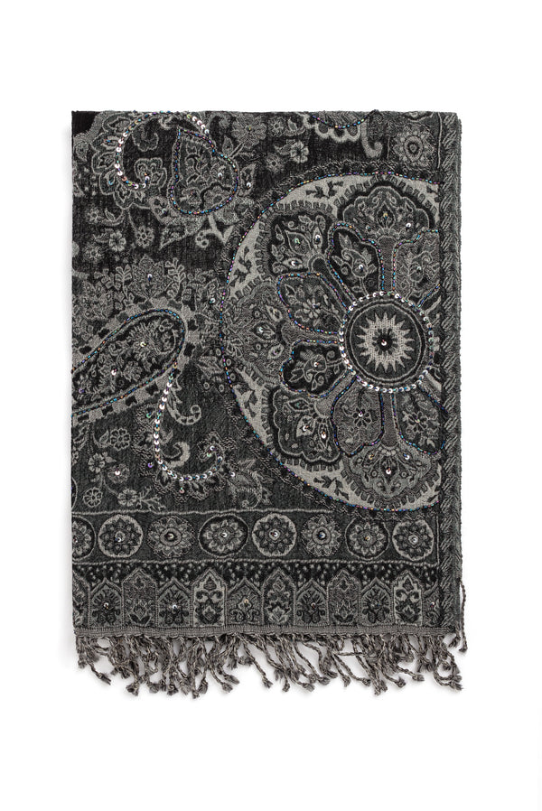 NERINA WOOL SCARF WITH FANCY PRINT AND BEADS