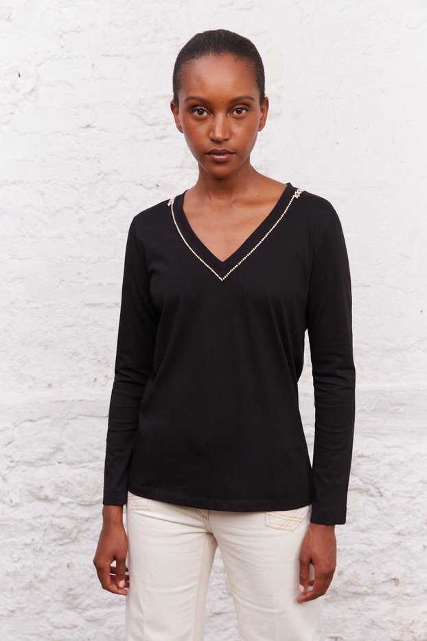 AMBRE LONG SLEEVE STRASS-TRIM T-SHIRT