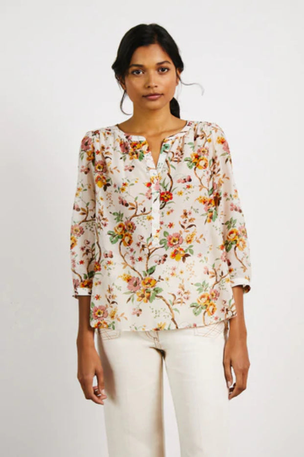 CYRIAQUE COTTON AND SILK FLORAL PRINT BLOUSE