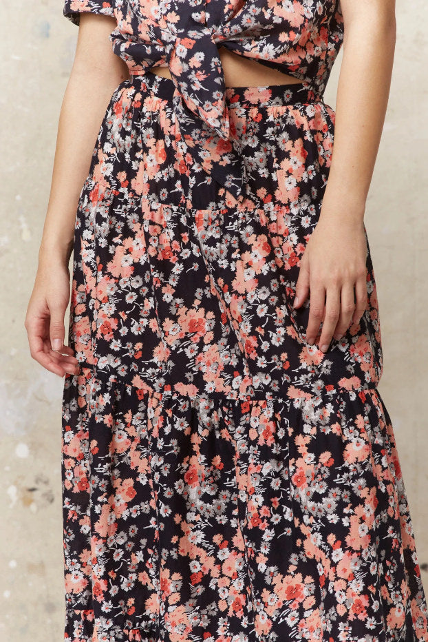 LONG TIERED FLORAL PRINT COTTON SKIRT