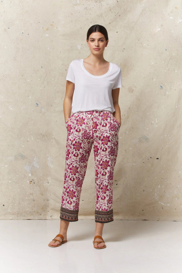 EMAEL PINK FLORAL PRINT ELASTICATED WAIST TROUSERS