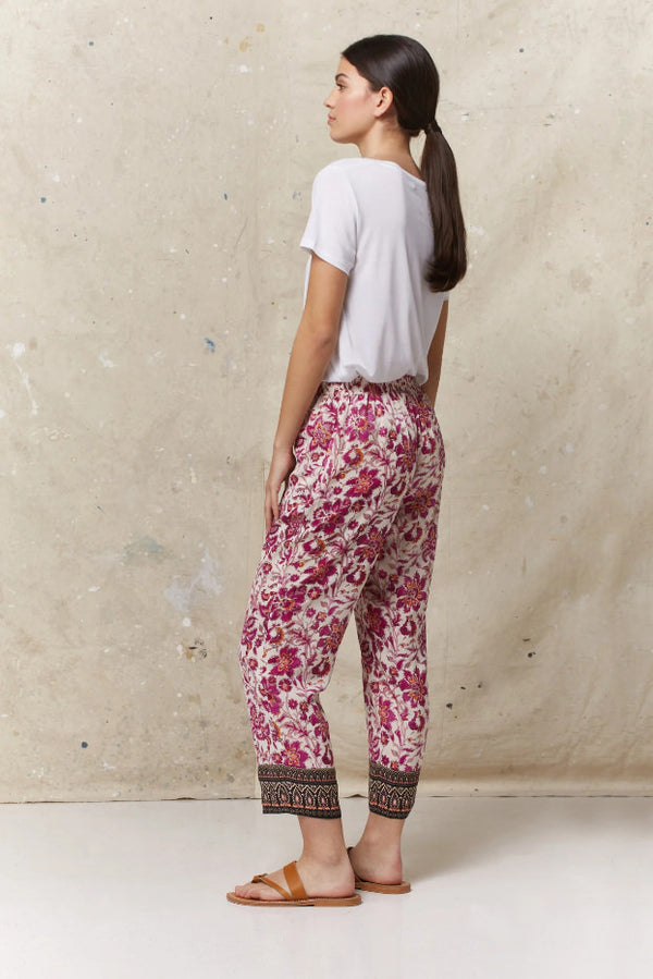 EMAEL PINK FLORAL PRINT ELASTICATED WAIST TROUSERS