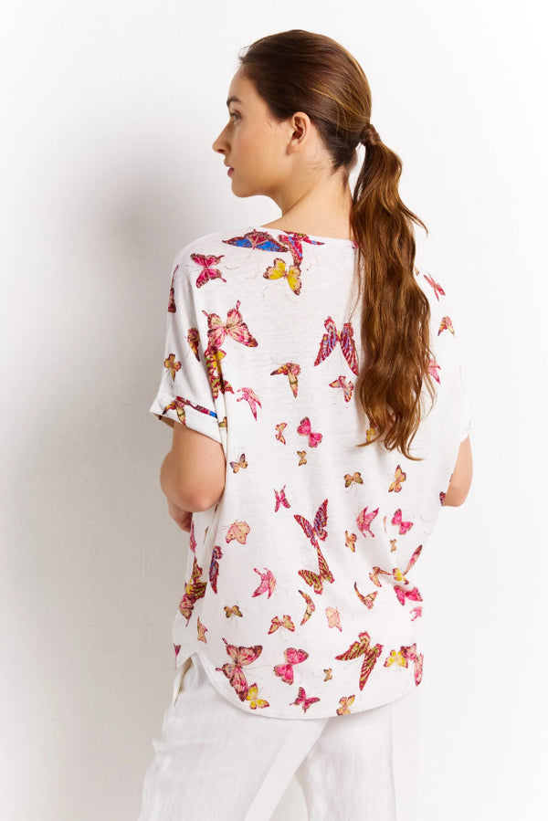 ANNY BUTTERFLY LINEN AND COTTON T-SHIRT