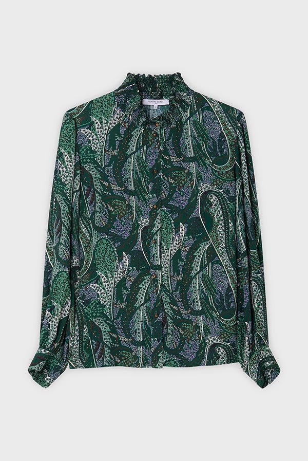 CHADE GREEN PAISLEY PRINT MUSLIN GATHERED COLLAR SHIRT