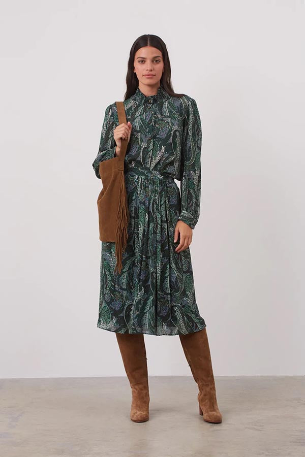 CHADE GREEN PAISLEY PRINT MUSLIN GATHERED COLLAR SHIRT