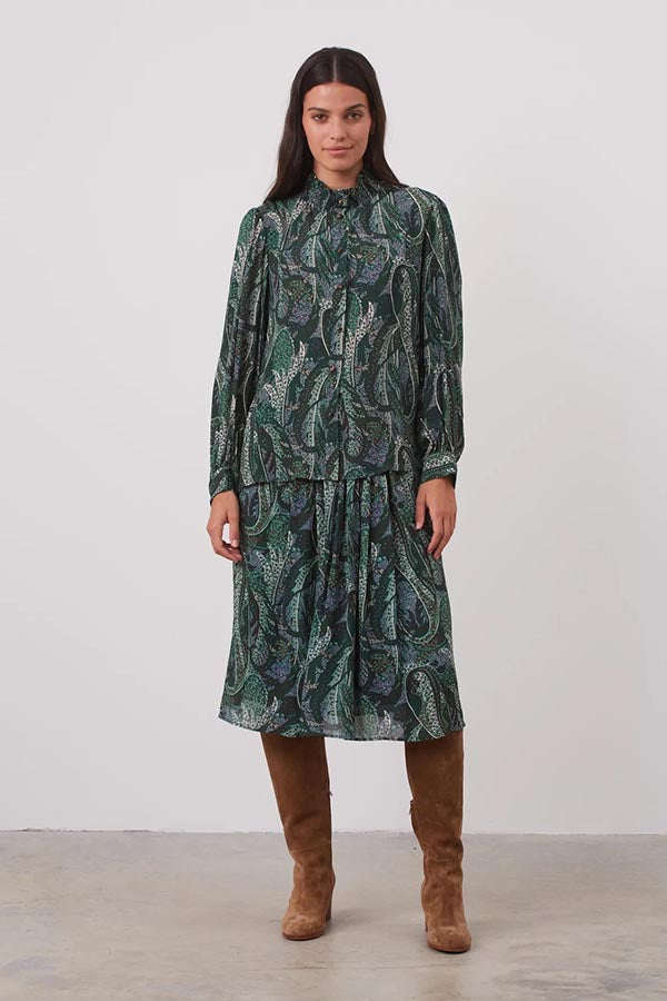 CHADE GREEN PAISLEY PRINT MUSLIN GATHERED COLLAR SHIRT