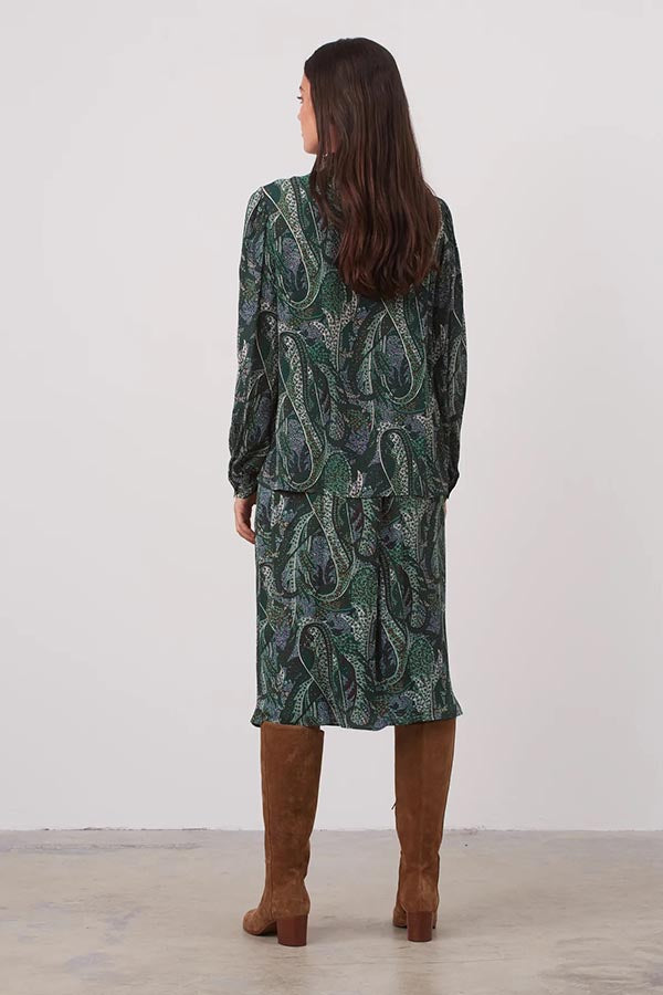 CHADE GREEN PAISLEY PRINT MUSLIN GATHERED COLLAR SHIRT