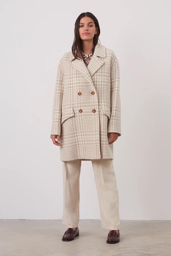 SARAH ECRU PRINCE OF WALES WOOL MAXI COAT