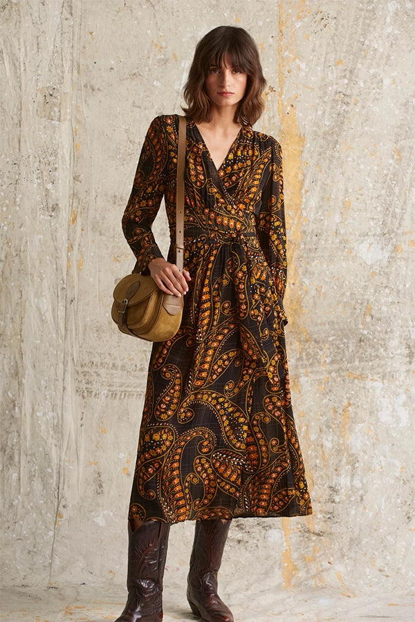 JANE 1970 FLORAL PAISLEY PRINT LONG WRAP DRESS