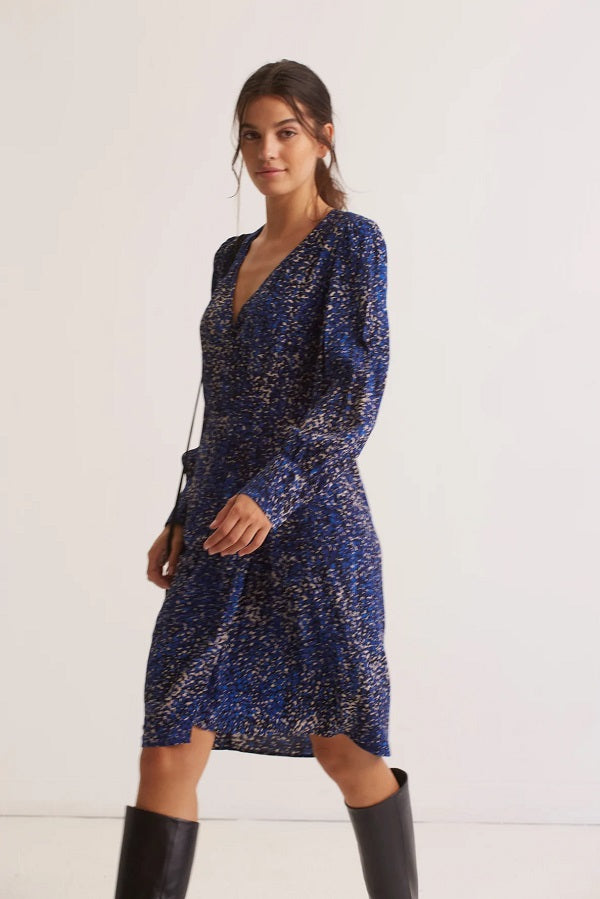 JOE FLORAL PRINT ELECTRIC BLUE CREPE WRAP DRESS