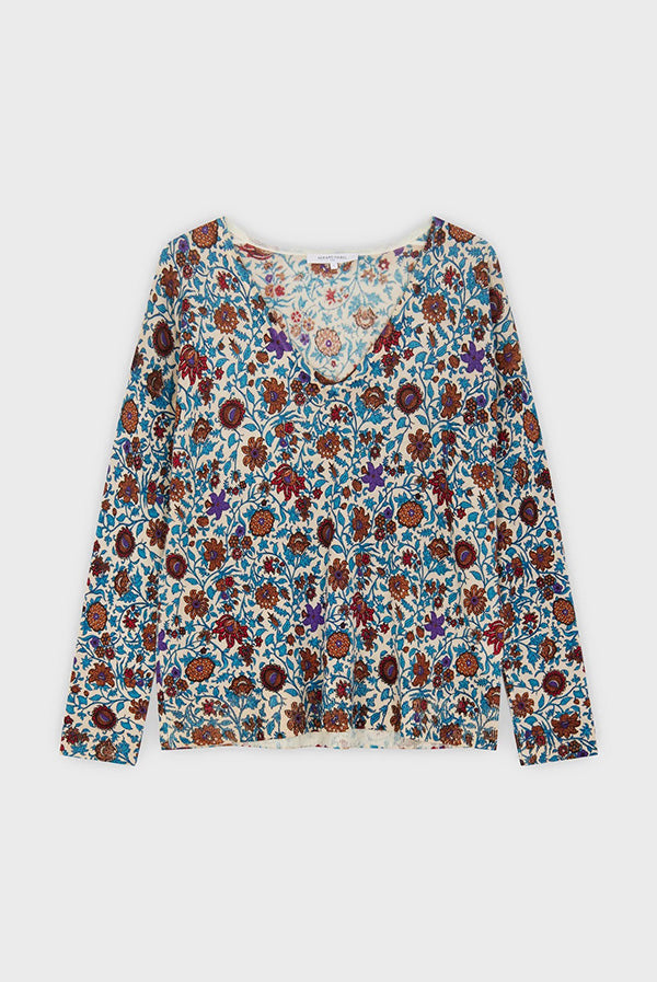 LÉONIE SCOOP V-NECK FLORAL PRINT LIGHT SWEATER