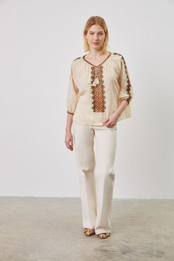 NAHLA ROMAN STYLE EMBROIDERED COTTON BLOUSE