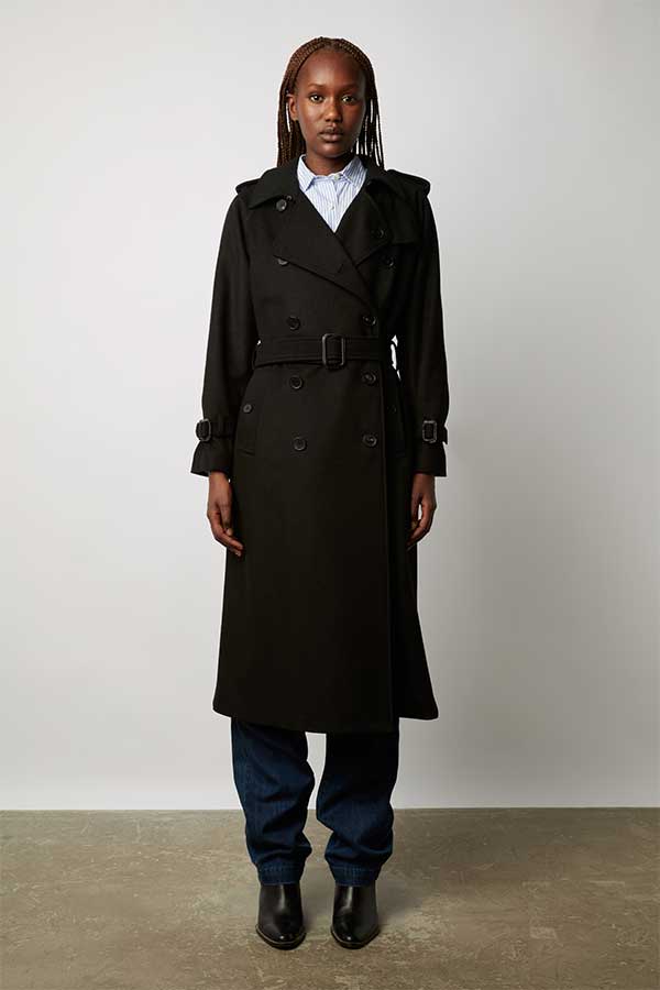 SERGE BLACK WOOL TRENCH COAT