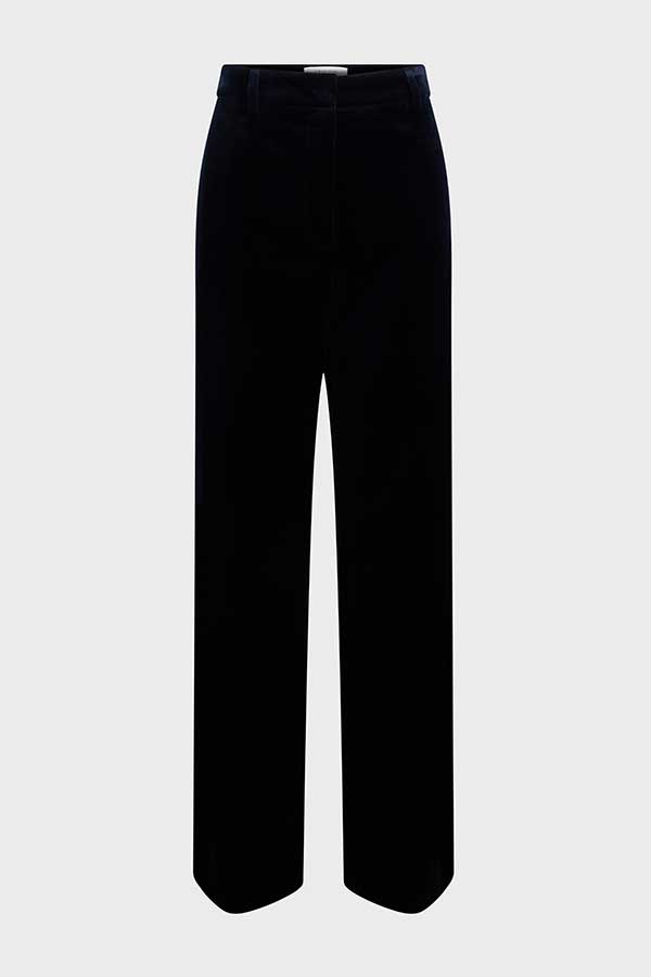 ELEONIE NAVY SMOOTH VELVET STRAIGHT CUT SUIT TROUSERS