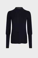 LANCELOT NAVY STAND UP COLLAR FINE WOOL RIBBED SWEATER