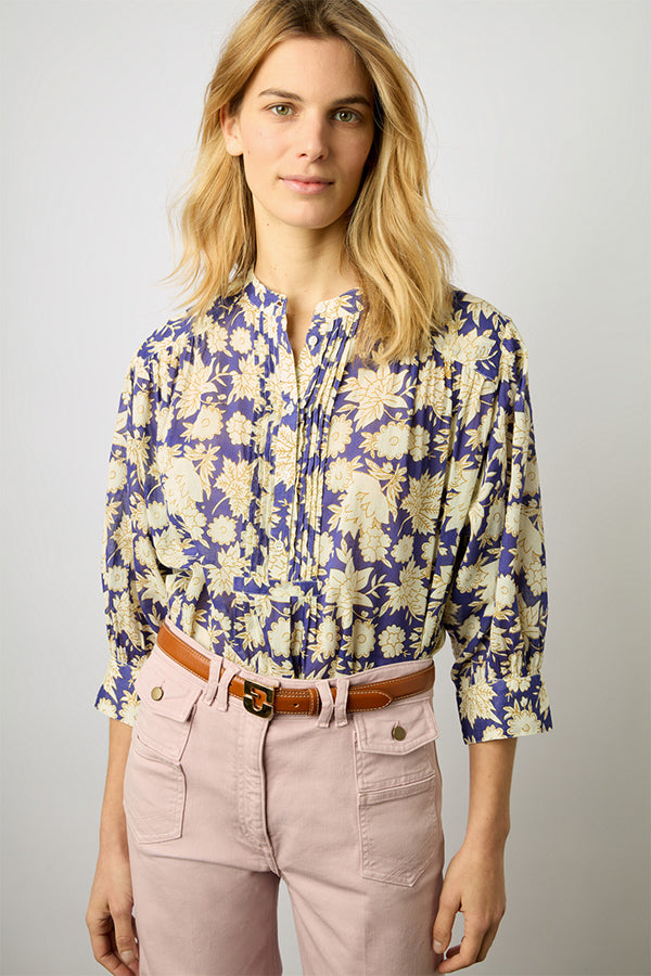 ADRIANNA PURPLE FLORAL PRINT COTTON VOILE BLOUSE