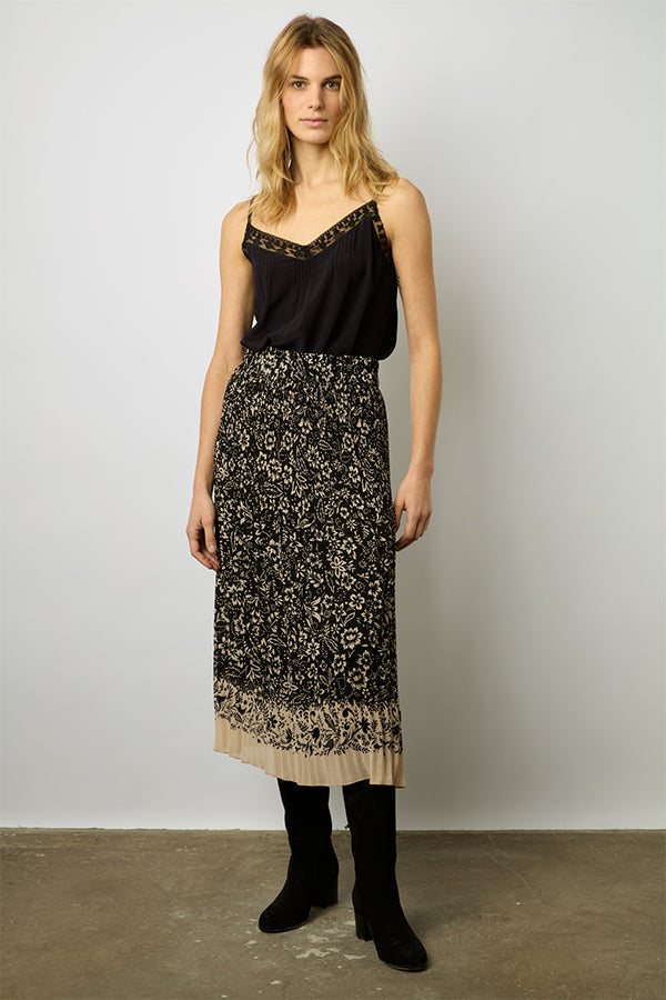 DELFINE PLEATED CONTRASTING FLORAL PRINT MIDI SKIRT