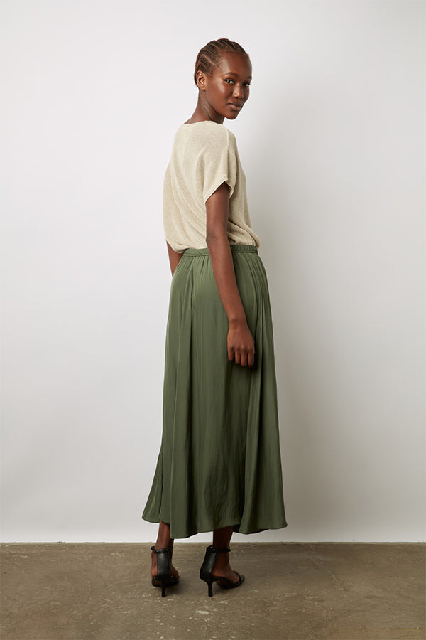 DENISA KAKI PLEATED SATIN LIKE MIDI SKIRT