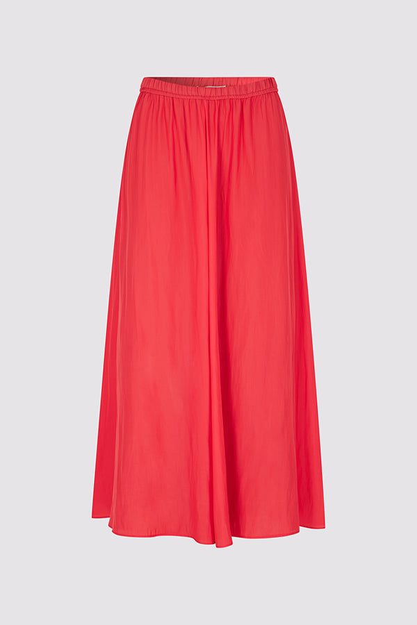 DENISA RED PLEATED SATIN LIKE MIDI SKIRT