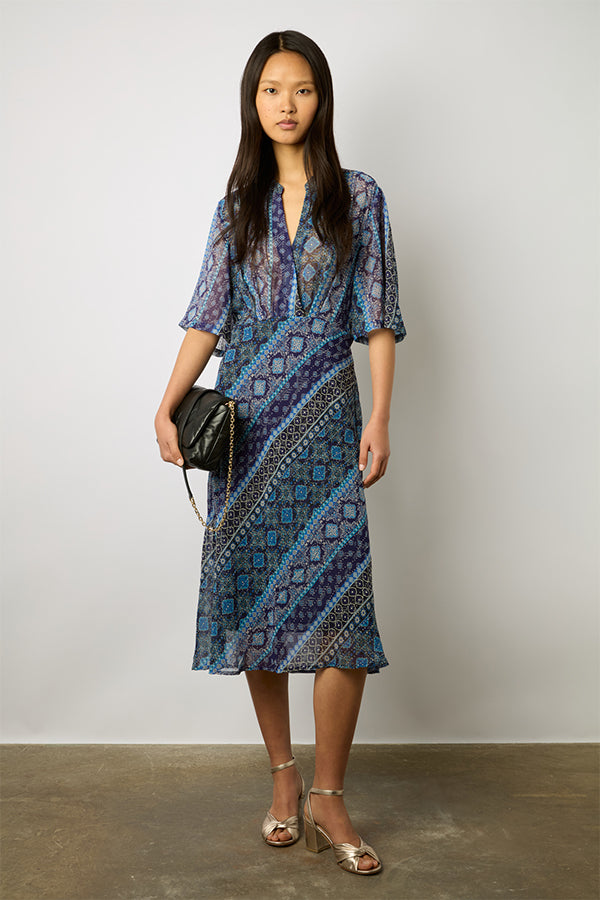 ELIA ETHNIC PRINT STUDDED MIDIDRESS