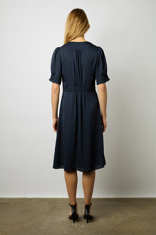 ELONIE NAVY SMOCKED WAISTED MIDI DRESS