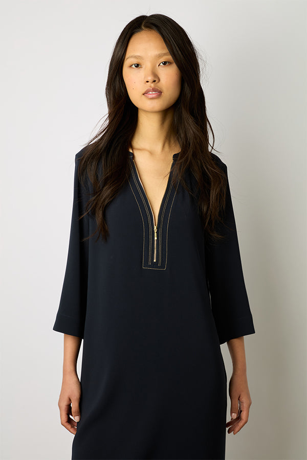 ELIFF NAVY ZIPPERED COLLAR MIDI DRESS