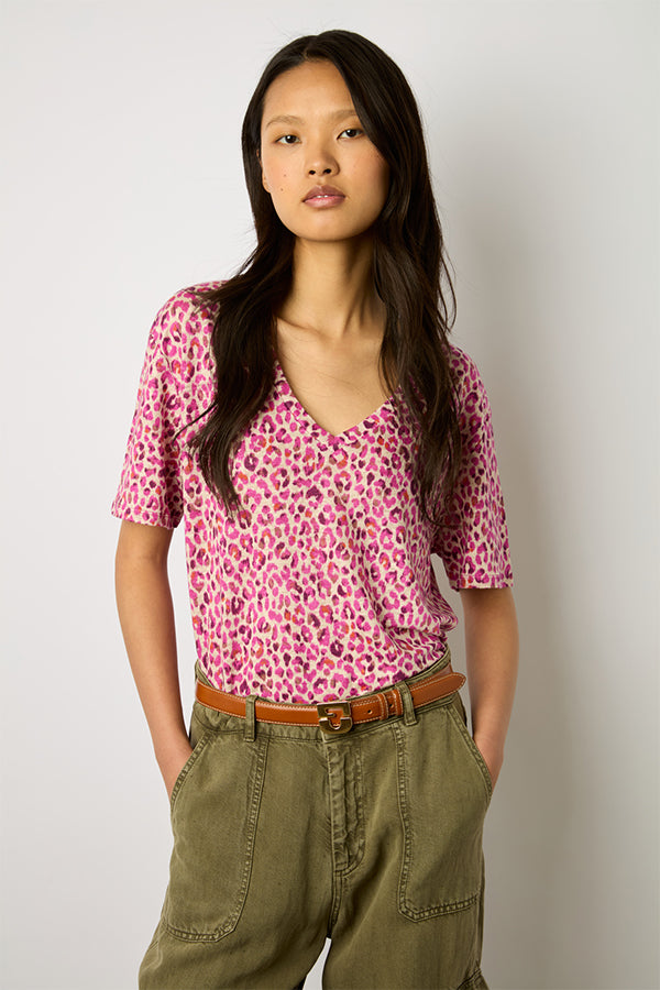 MISHA PINK LEOPARD PRINT V-NECK T-SHIRT