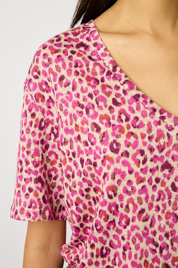 MISHA PINK LEOPARD PRINT V-NECK T-SHIRT