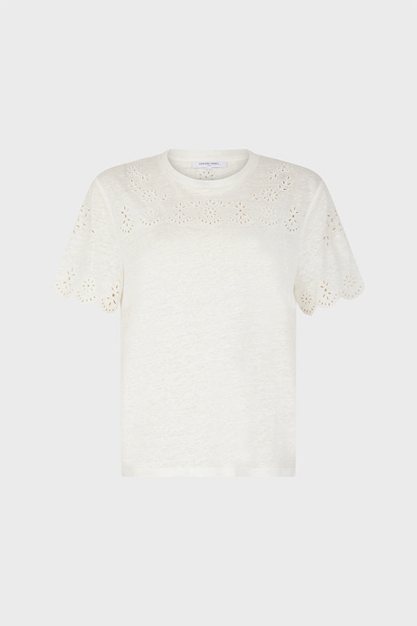 MANIKA WHITE EMBROIDERED LINEN T-SHIRT