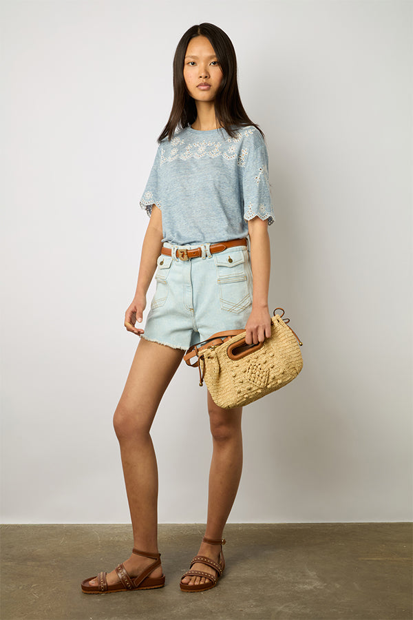 MANIKA BLUE EMBROIDERED LINEN T-SHIRT