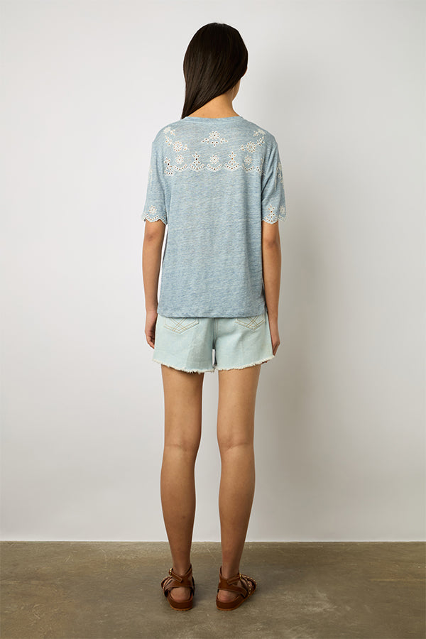 MANIKA BLUE EMBROIDERED LINEN T-SHIRT