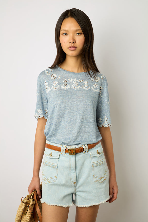 MANIKA BLUE EMBROIDERED LINEN T-SHIRT