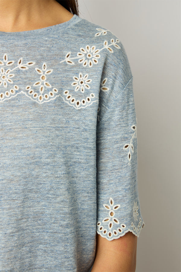 MANIKA BLUE EMBROIDERED LINEN T-SHIRT