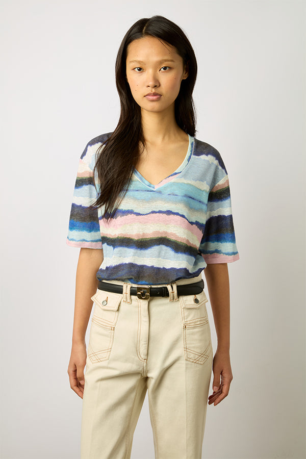 MISIA WATERCOLOR PRINT V-NECK LINEN T-SHIRT