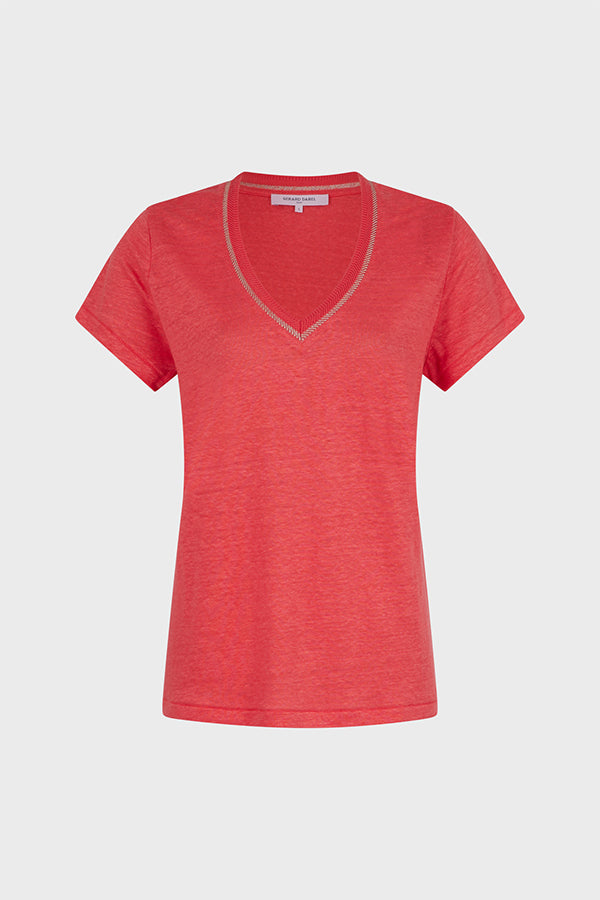 MINDY RED LINEN V-NECK T-SHIRT