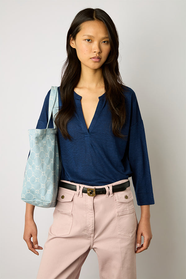 MADDIE BLUE LINEN 3/4 SLEEVES T-SHIRT