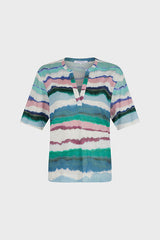 MAORIE WATERCOLOR PRINT LINEN TUNISIAN COLLAR T-SHIRT