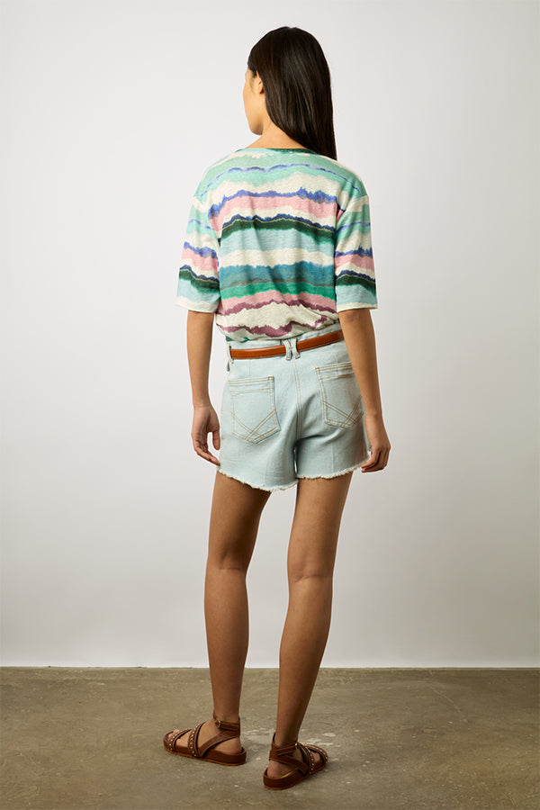 MAORIE WATERCOLOR PRINT LINEN TUNISIAN COLLAR T-SHIRT