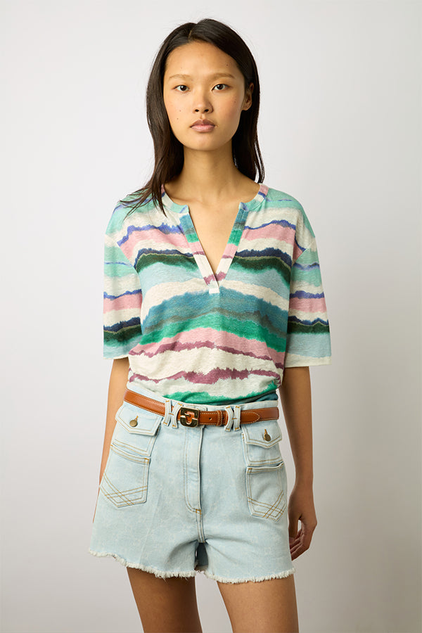 MAORIE WATERCOLOR PRINT LINEN TUNISIAN COLLAR T-SHIRT