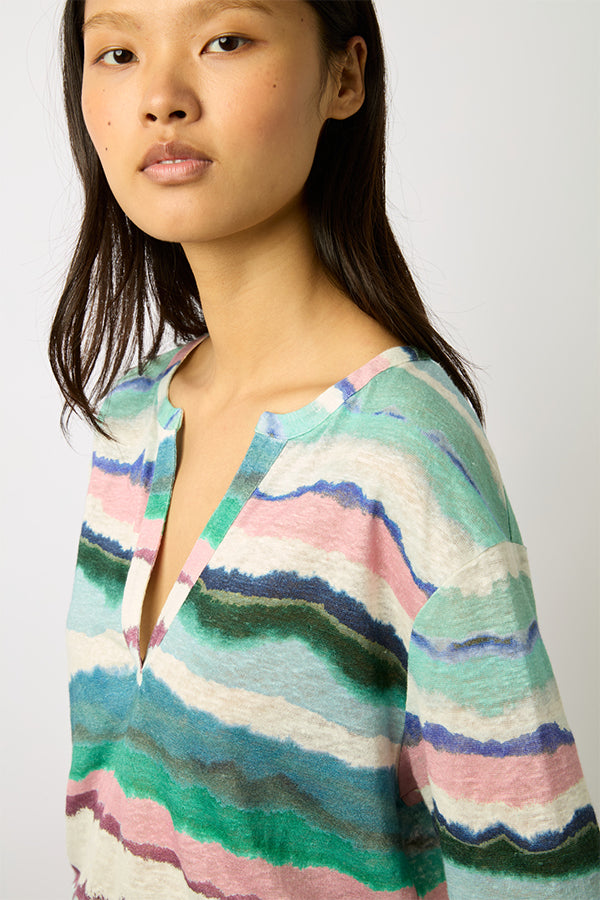 MAORIE WATERCOLOR PRINT LINEN TUNISIAN COLLAR T-SHIRT