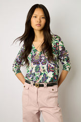 LYLOU PAISLEY PRINT LINEN COTTON V-NECK SWEATER