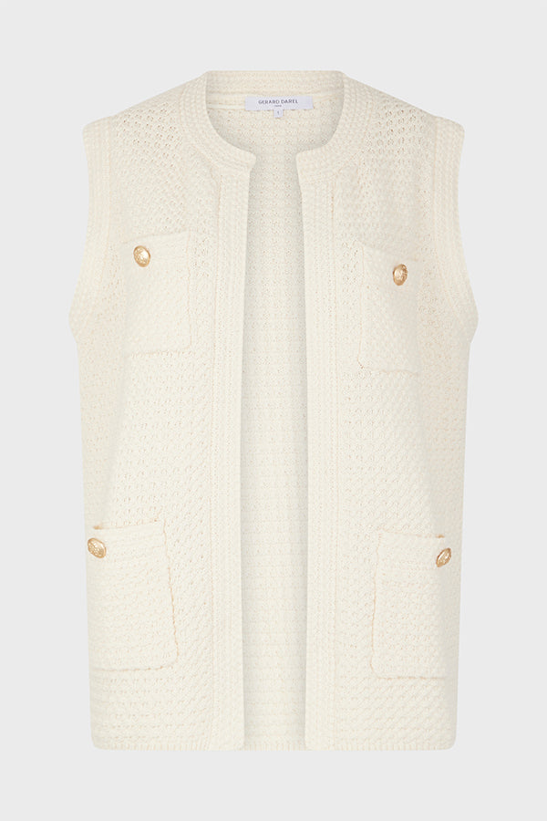 LIZZIE LONG TWEED-EFFECT CROCHET SLEEVELESS CARDIGAN